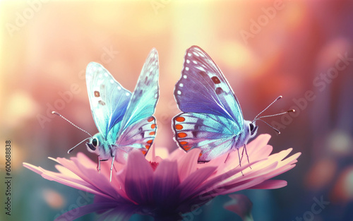 Two butterflies sitting on purple flowers. Generative AI.