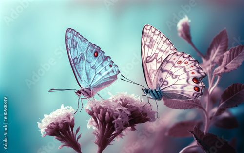 Two butterflies sitting on purple flowers. Generative AI.