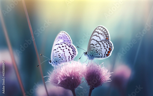 Two butterflies sitting on purple flowers. Generative AI.