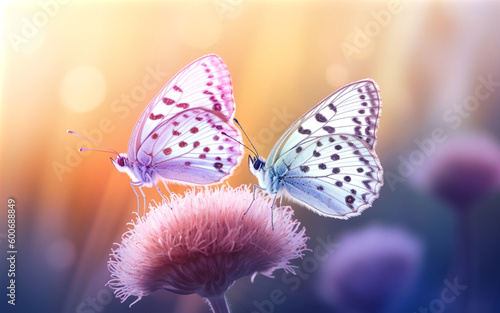 Two butterflies sitting on purple flowers. Generative AI.