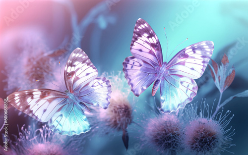 Two butterflies sitting on purple flowers. Generative AI.