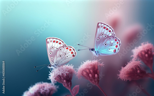 Two butterflies sitting on purple flowers. Generative AI.