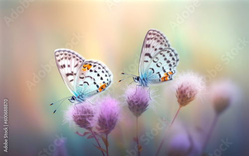 Two butterflies sitting on purple flowers. Generative AI.