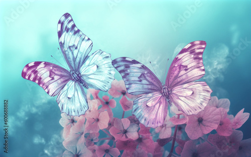 Two butterflies sitting on purple flowers. Generative AI.