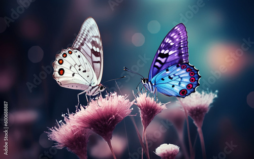 Two butterflies sitting on purple flowers. Generative AI.