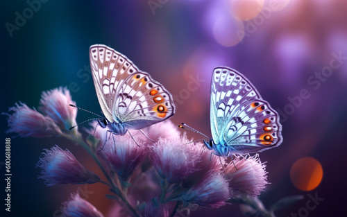Two butterflies sitting on purple flowers. Generative AI.