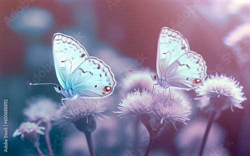Two butterflies sitting on purple flowers. Generative AI.
