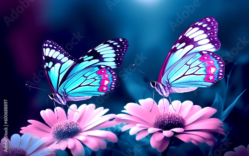 Two butterflies sitting on purple flowers. Generative AI.