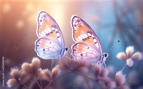 Two butterflies sitting on purple flowers. Generative AI.