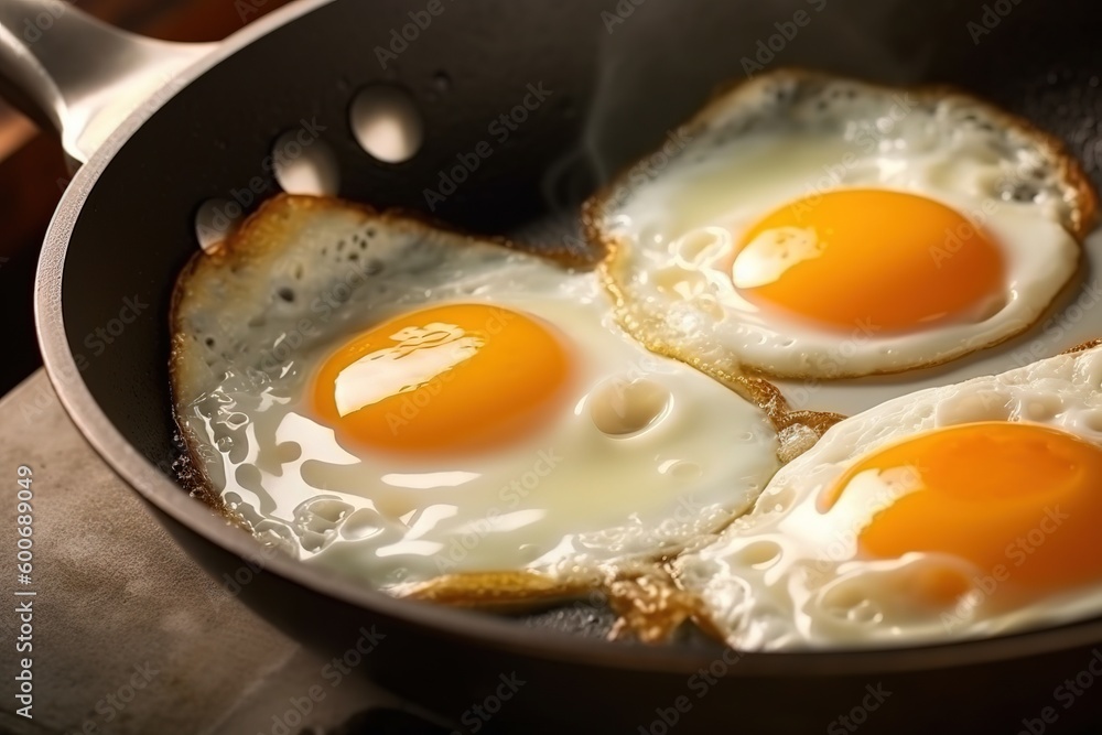 delicious scrambled eggs from three eggs for breakfast in a frying pan, top view delicious scrambled eggs from three eggs for breakfast in a frying pan, top view
