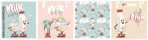 Collage Posters World Milk Day, 1 June in trendy groovy style. Earth is drinking milk, milk bottle, pattern. Funny vector earth character and mascot.