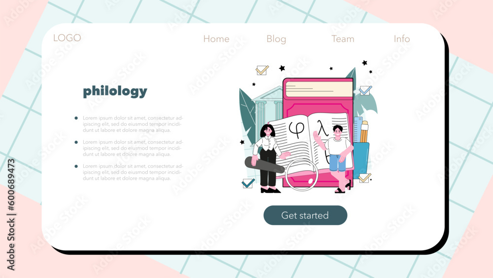 Philologist web banner or landing page. Scientific study of language, Philologist web banner or landing page. Scientific study of language,
