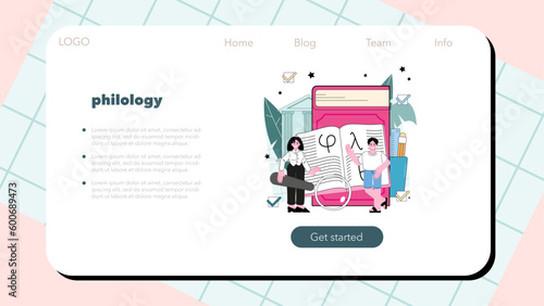 Philologist web banner or landing page. Scientific study of language,