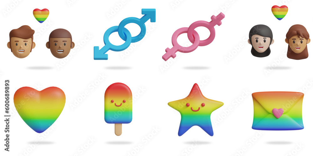 pride day 3D vector icon set.
gay couple,gender symbol gay,gender symbol lesbian,lesbian couple,rainbow heart,popsicle,star,letter