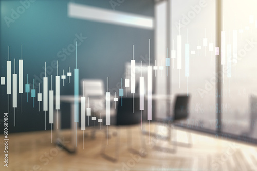 Multi exposure of abstract financial graph and modern desktop with pc on background  financial and trading concept