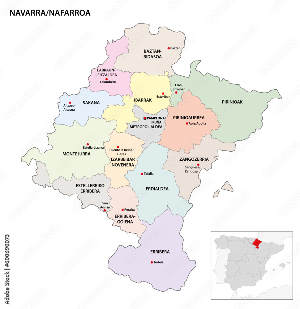 Administrative map of the regions in the Spanish Autonomous community of Navarre