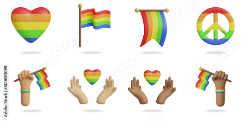 pride day 3D vector icon set.
rainbow heart,LGBTQ flag,peace symbol,hand holding flag,hand holding heart