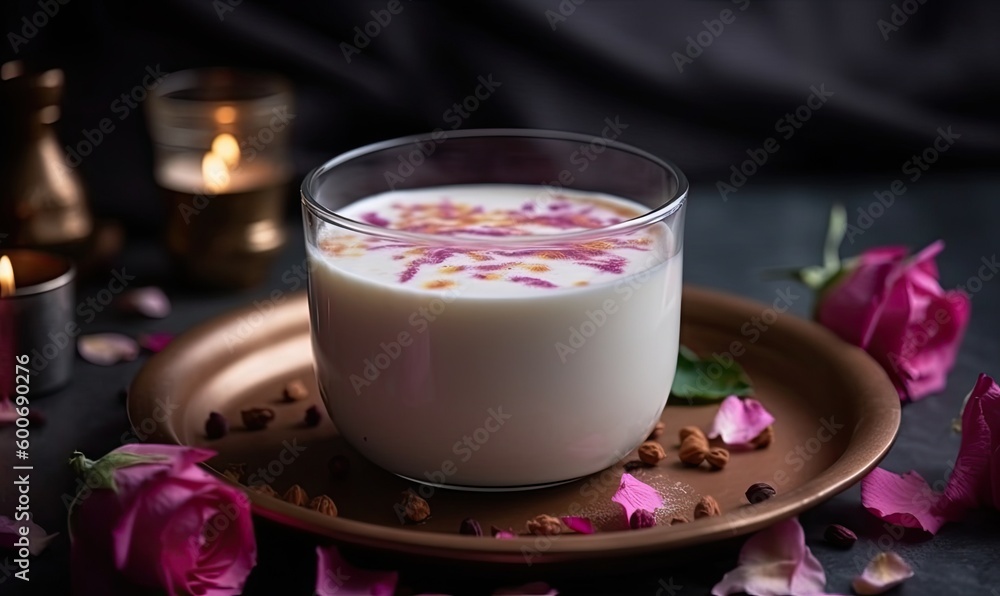 Moon milk with pink rose flower, generative AI Moon milk with pink rose flower, generative AI