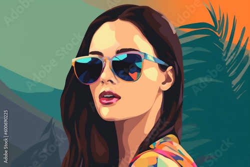 woman fashion girl modern poster card design portrait style glasses illustration. Generative AI.