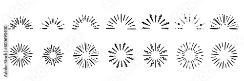 Starburst hand drawn elements. Circle sunburst doodle drawing, framed design, badge or label decor. Abstract outline burst, star or firework, explosion or light rays. Vector isolated icons set