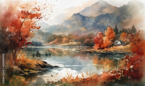 Mountains, forests, and a lake in a watercolor scene, Autumn landscape, generative AI