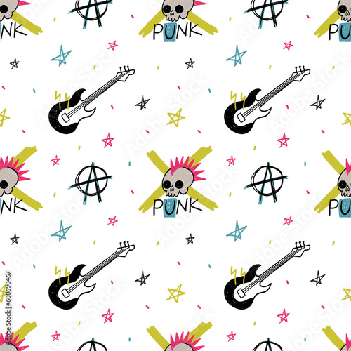 Punk seamless pattern. Hand drawn rock music elements. Leather jacket, boots and guitar. Skull with mohawk and anarchy symbol. Decor textile, wrapping paper, wallpaper print, cartoon vector background