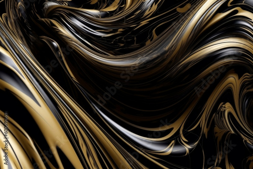 Abstract swirl of glossy black and gold material as artistic background generative ai
