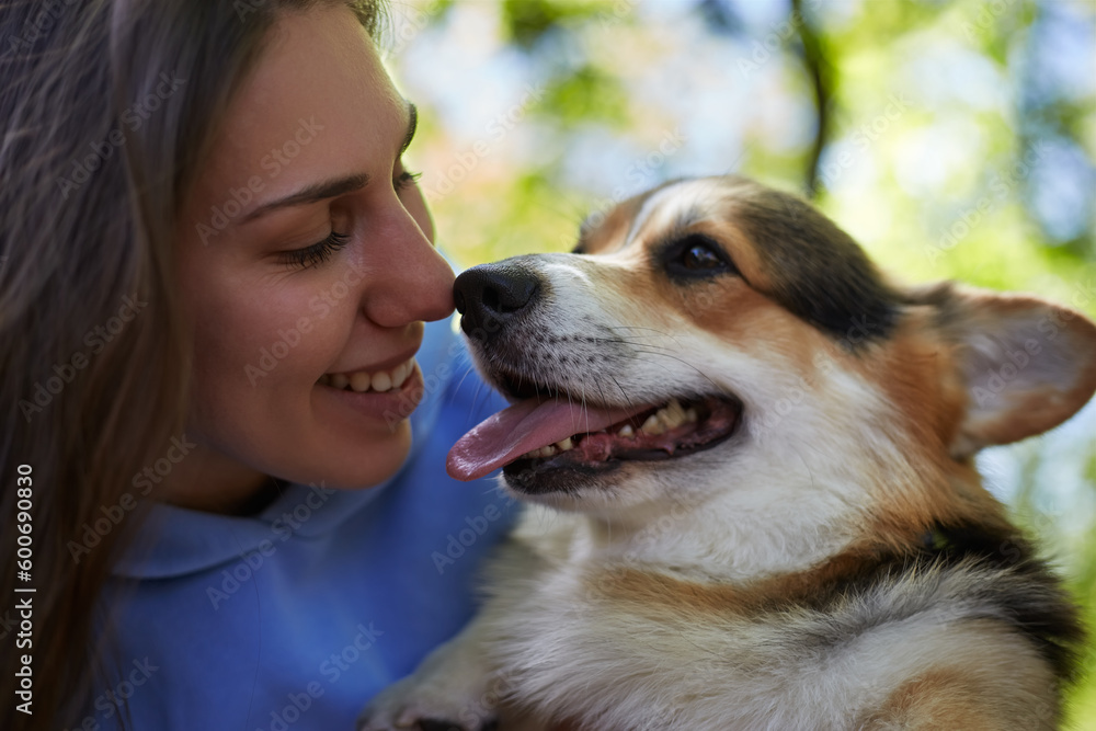 Portrait of happy dog owner playing with cute corgi. Cheerful young woman touching her Pembroke Welsh Corgi puppy nose Portrait of happy dog owner playing with cute corgi. Cheerful young woman touching her Pembroke Welsh Corgi puppy nose