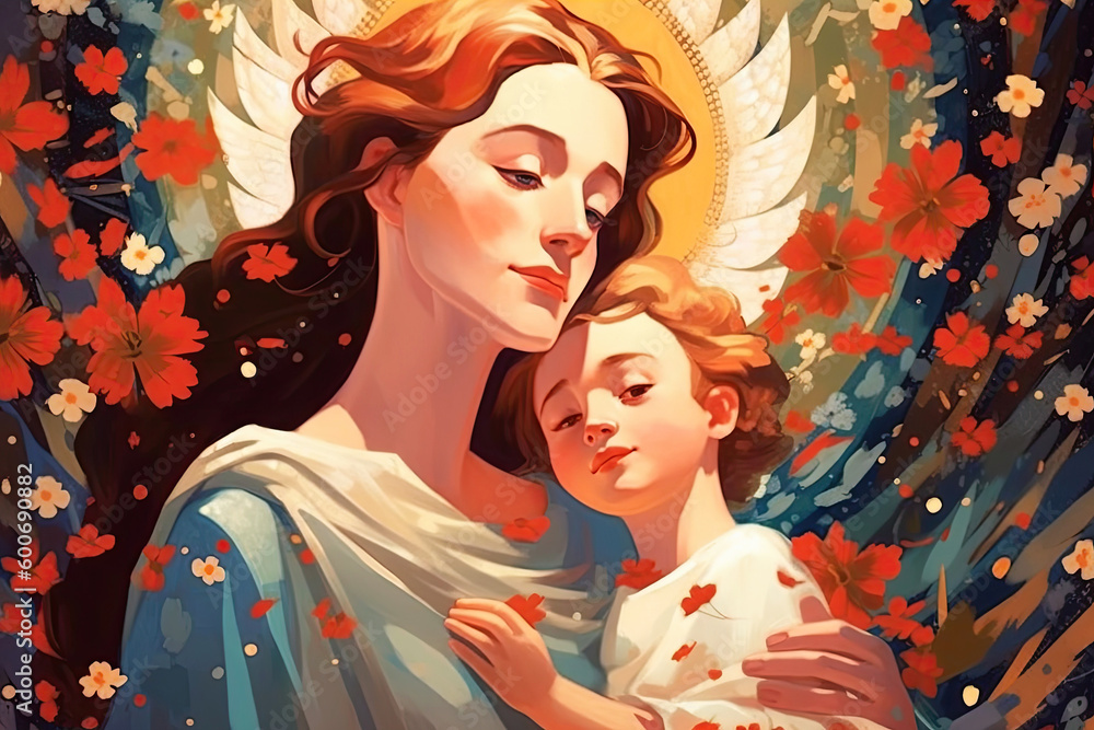 Illustration for Mother's Day. Tender embraces of a child and a mother in the image of angels. Generative AI. Illustration for Mother's Day. Tender embraces of a child and a mother in the image of angels. Generative AI.