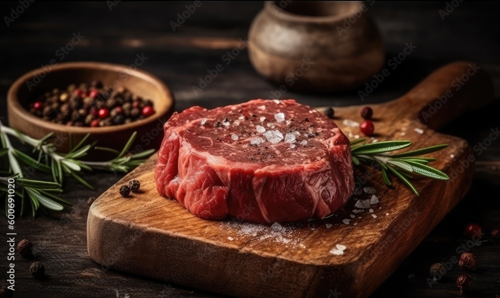 Raw beef filet Mignon steak on a wooden Board with pepper and salt, generative AI Raw beef filet Mignon steak on a wooden Board with pepper and salt, generative AI