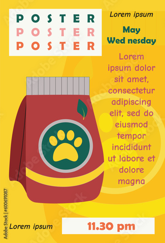 Poster, banner template design with pet food, fodder and text. Typography.