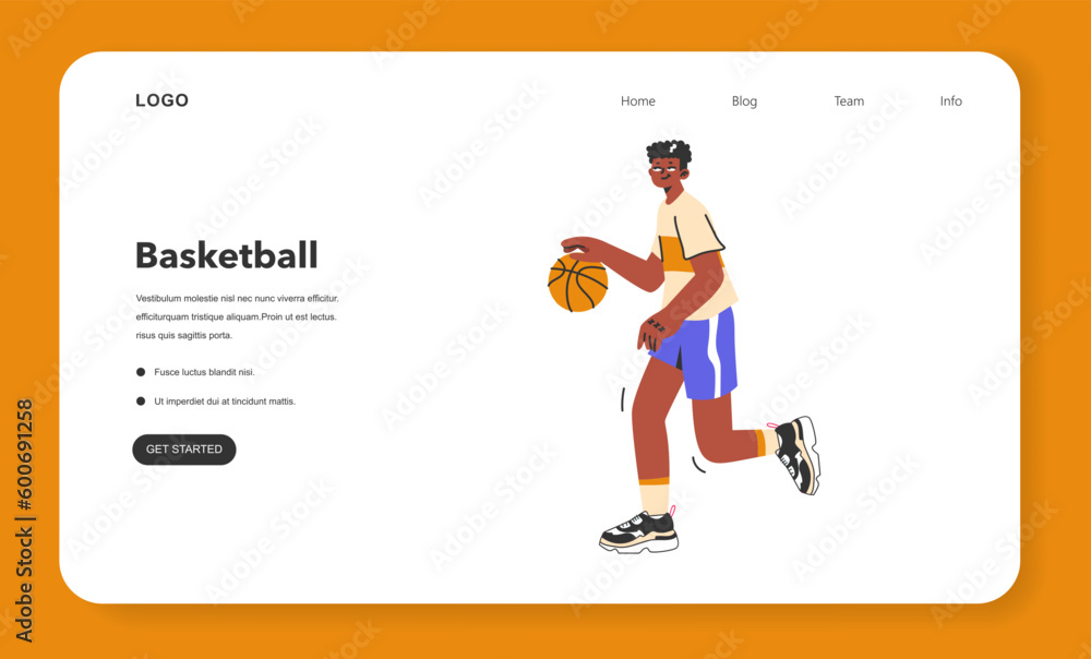 Basketball game web banner or landing page. Team players during the game