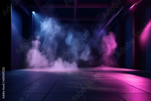 smoke background blue concrete room abstract rays fog neon space light. Generative AI. © VICHIZH