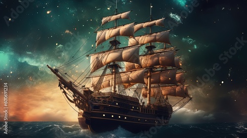 Fototapeta Naklejka Na Ścianę i Meble -  illustration of ancient big pirate ship sailing under starfield, Generative Ai