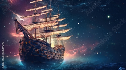 Fototapeta Naklejka Na Ścianę i Meble -  illustration of ancient big pirate ship sailing under starfield, Generative Ai
