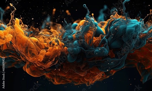 Spectacular image of blue and orange liquid ink churning together, with a realistic texture and great quality, generative AI