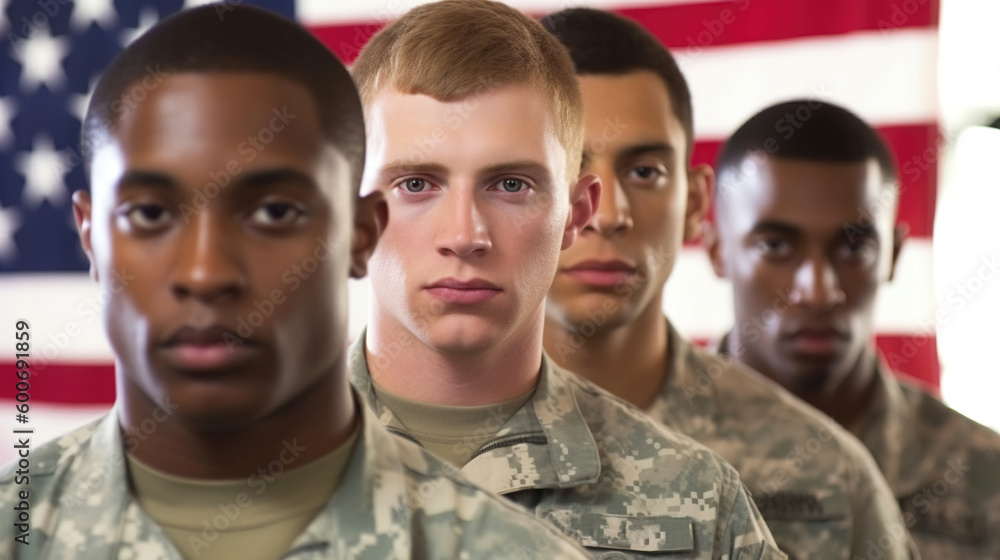 Fototapeta premium Army soldiers portrait, close up us army troop - inclusivity, diversity, young generation, american flag, generative ai