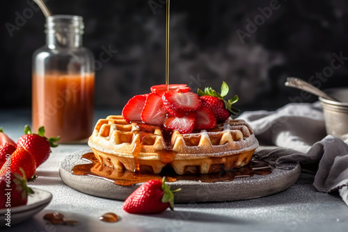 Classic Belgian waffles with caramel and strawberries. Delicious food. Horizontal . Space for text