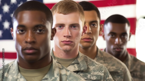Army soldiers portrait, close up us army troop - inclusivity, diversity, young generation, american flag, generative ai