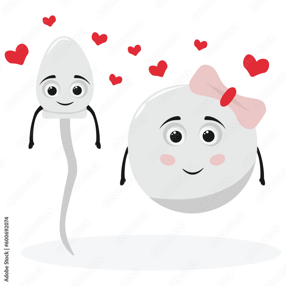 Cute happy character Ovum or egg cell cartoon mascot and sperm character with hearts Cute happy character Ovum or egg cell cartoon mascot and sperm character with hearts