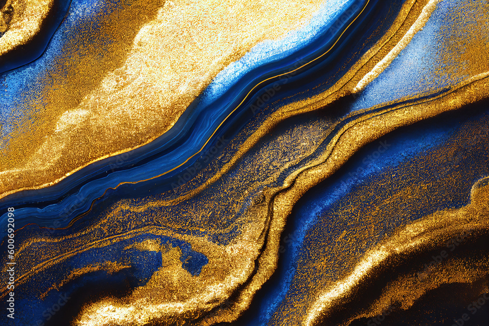 Blue and golden acrylic liquid ink swirl abstract background with ...