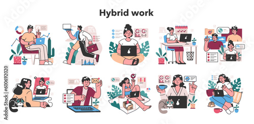 Hybrid work set. Characters with a flexible schedule, working