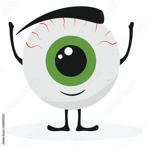Cute happy eye character with eyebrow. Kawaii eyeball muscot in flat vector style