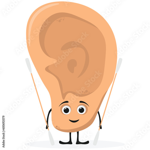 Cute smiling happy human ear holding cotton  ear sticks. Ear mascot