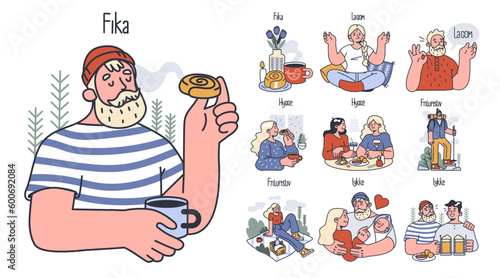 Hygge, lagom, friluftsliv, lykke set. Scandinavian lifestyle approach