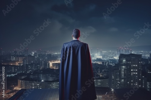 Businessman suit cape hero city. Generate Ai
