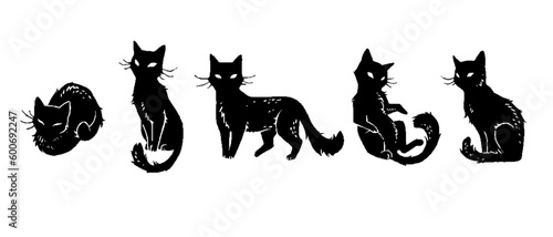 Set of isolated design elements, stylized black cats