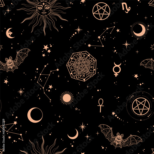 Seamless esoteric pattern with different esoteric elements