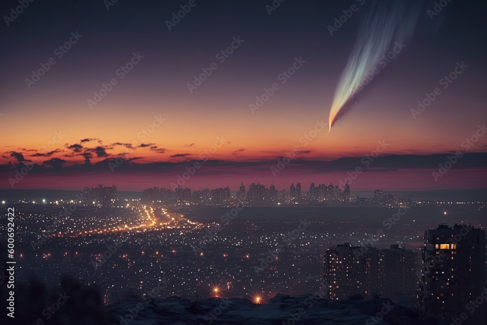Comet with a bright tail over the city after sunset. Night astronomical landscape