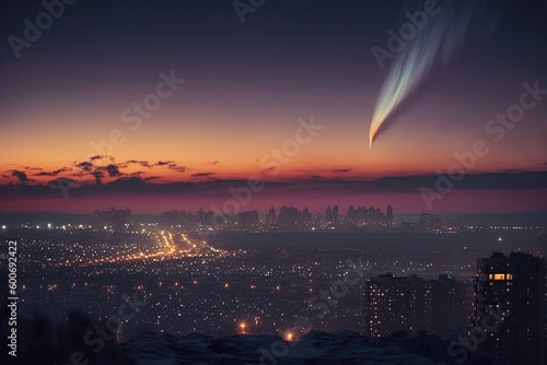 Comet with a bright tail over the city after sunset. Night astronomical landscape